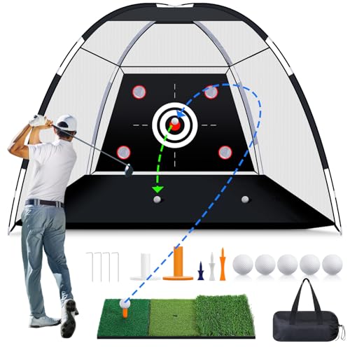 MoKo Golf Net with Practice Mat, 10 x 7 ft Golf Hitting Net for Outdoor Indoor Backyard Driving Chipping Swing Training, All-in-One Multi-Target Training Aid Practice Nets with Tri-Turf Mat & Balls