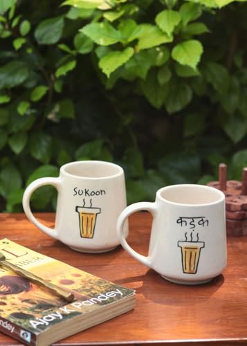 Image of WEAVING HOMES Kadak & Sukoon Mug - Ceramic Coffee Mugs and Cups for Drinking, Stylish Tea Cups and Mugs Set of 2 for Office and Travel (Set of 2, 300 Ml)