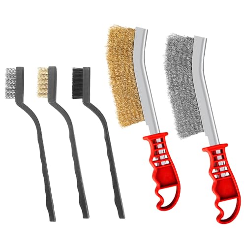 Belegao 5PCS Wire Brush Set, Hand Wire Brushes Stainless Steel Brass Nylon Bristles Heavy Duty Metal Scrubber for Cleaning Rust, Welding Slag, Paint Removal (2 Large, 3 Small)
