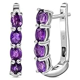 TJC Sterling Silver Amethyst Hoop Earrings for Women with Birthstone Earrings Sterling Silver with Platinum Plating | Fish Hook Silver Earrings for Women | Prong Setting Gemstone Silver Earrings