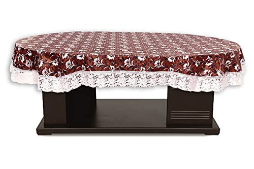 Image of The Furnishing Tree Waterproof PVC Oval Shaped 4 to 6 Seater Table Cover WxL 54x78 inches Floral Pattern Dark Brown with White Border lace