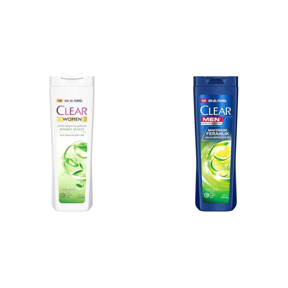 Clear Women Kepeğe Karşı Etkili Şampuan Bitkisel Sentez Aloe Vera & Çay Ağacı Yağı 350 ml(2) Clear Men Maksimum Ferahlık Yağlı Saç Derisi İçin Limon Özlü Kepeğe Karşı Etkili Şampuan 350 ml(1)
