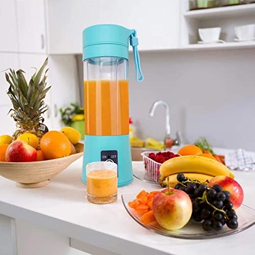 ZASS Portable USB Electric Juicer on a kitchen counter with fresh fruits and a glass of juice.