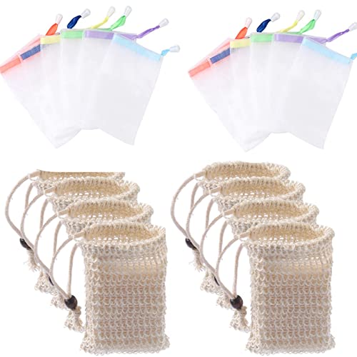 Seifensäckchen 10 Stück Sisal Seifenbeutel Natur mit 10 Stück Seifensäckchen Nylon Seifenbeutel für Feste Seife, Seifennetz für Körper-Peeling Cover