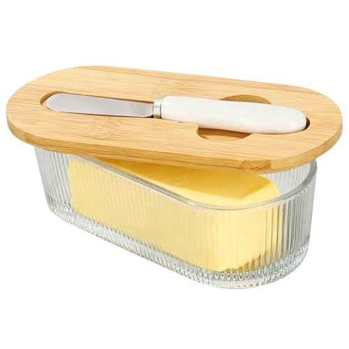 CRROEL 350ML Butterdose mit Holzdeckel Butterdose Glas mit Buttermesser BPA Frei klare für 250 g Butter Dish für Haushalt und Küche