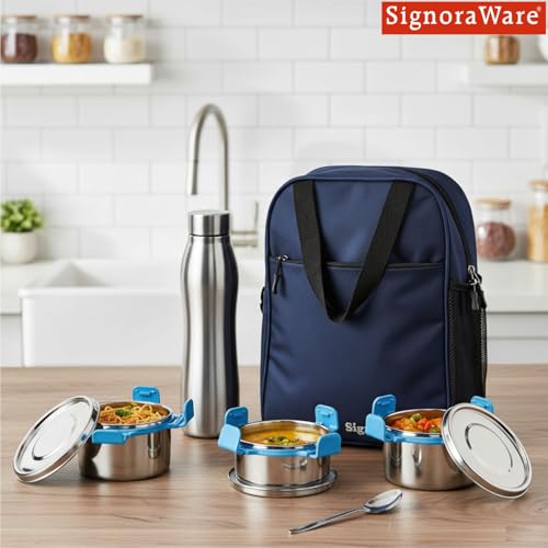 Image of SignoraWare All Steel Fusion Jumbo Stainless Steel Lunch Box | Airtight & Leakproof | Ideal for Office, School, Travel & Outdoor Use (500mlx2 + 350ml + 1 LTR | Set of 4 | TBlue)