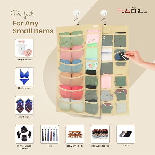 Double-Sided Hanging Organizer with 30 Clear Pockets | Wall Closet Storage Rack for Socks, Bras, Underwear & Accessories | Non-Woven Fabric | Space-Saving Hanger Design (Ivory, Pack of 1)