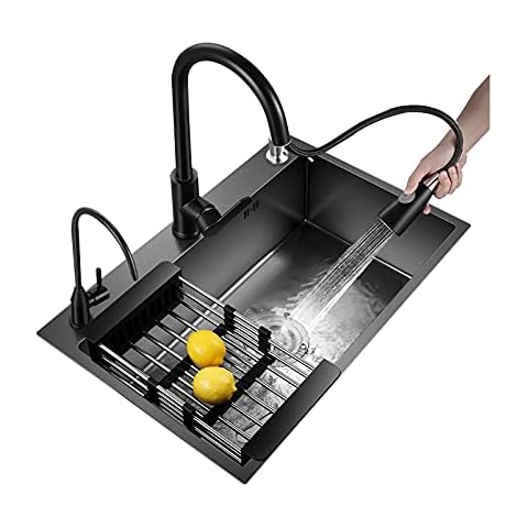 XXFZDCP Drop In Kitchen Sink Single Bowl Black, Stainless Steel Top Mount Workstation Sink with All Sink Accessories Cover
