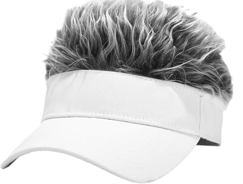 LXOrdora Mens Visor Hats with Spiked Wig Novelty Adjustable Baseball Golf Cap with Fake Hair White Grey