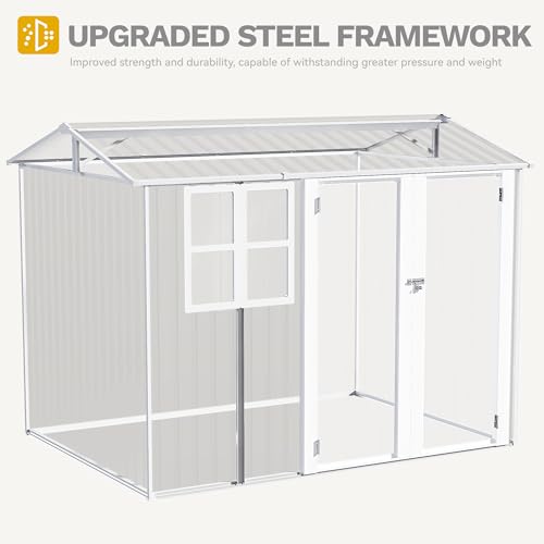 Image of DWVO 8x6ft Large Tool Storage Shed with Window, Lockable Doors, and Sloped Roof, Oversized Steel Outdoor Storage Shed for Garden, Patio, Garage, Backyard, Lawn - Gray & White