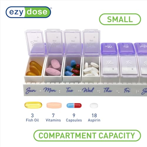 Image of Ezy Dose Weekly (7-Day) Daily Pill Case, Medicine Planner, Vitamin Organizer, 2 Times a Day AM /PM, Small Pop-out Compartments, Arthritis Friendly, Easy to Use, Pearlescent and Lavender Lids, BPA Free