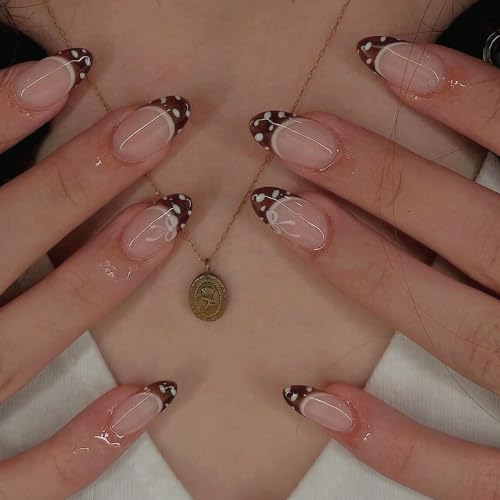 Press on Nails Brown French Tip Fake Nails Short Almond 24Pcs