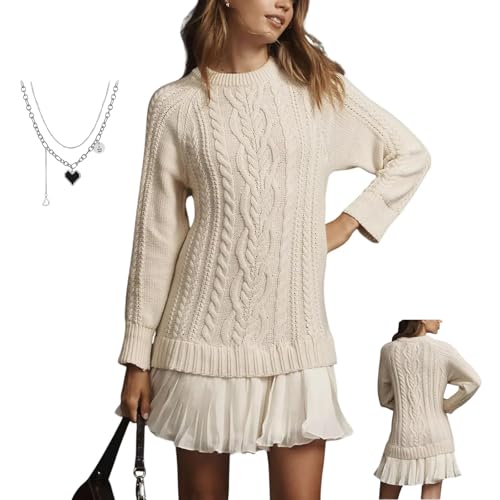 Women Crewneck Cable Knit Sweater Mini Dress, Versatile Faux 2-Pc Design, Cinched Waist A-Line Skirt, Crinkled Hem for Autumn