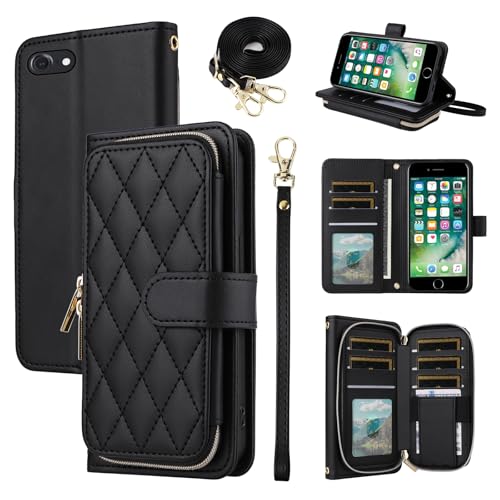 Furiet Argyle Wallet Case for iPhone 6 6s with Wrist Strap Shoulder Strap, 9+ Card Slots Zipper Purse Stand Phone Cover for iPhone6 Six i6 S iPhone6s i Phone6s Phone6 6a S6 6SE Women Girls Black