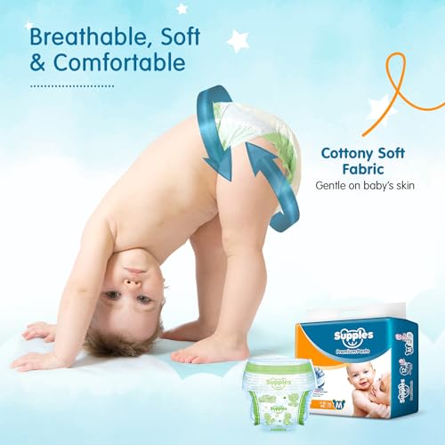 Image of Amazon Brand - Supples Premium Baby Diaper Pants | 72 Baby Diapers | Medium | 7-12 Kg | 12 Hrs Absorption | Cushiony Cotton Soft Fabric | Phthalates-Free | Triple Leak Guard (Pack of 2)