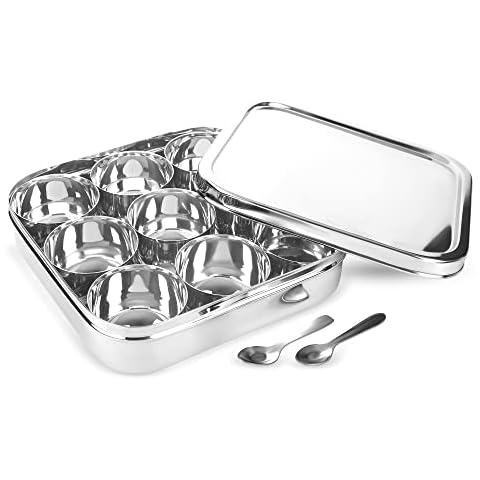 KSJONE Indian Spice Tin Stainless Steel Masala Dabba LARGE Curry Cooking Spice Tiffin Tin Box Kitchen Masala Container Spice Container 9 Compartments Storage Set Cover