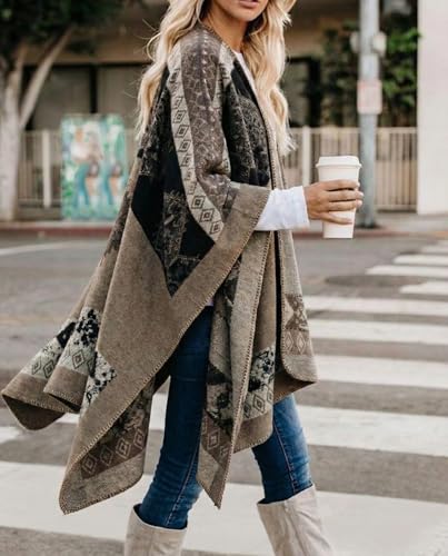 Image of Bestshe Women's Boho Open Front Poncho Plaid Shawl Wrap Cape | Tassel Cardigan Sweater, Cozy Layering, Fall Winter Clothes for Women