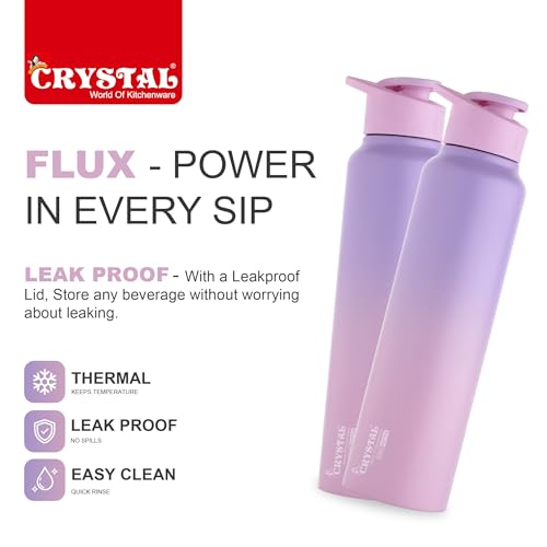 Image of Crystal Aqua 1000 Stainless Steel Water Bottle, Leakproof Lid, Single Walled, ISI Certified I For School, Office, Gym I Purple & Pink | Pack of 2