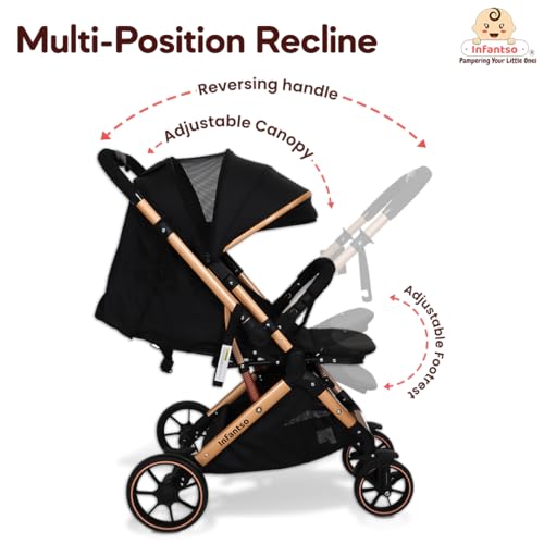 Image of Infantso GlideX Premium Baby Stroller / Pram, Reversible Handle, One-Hand Fold and 360 Rotating Wheels,, Travel Friendly, 5 Points Safety Harness, Extendable Canopy, Multilevel Recline, Adjustable Footrest, Easy Fold, Shock Absorption Wheels, for babies 0 to 3 years (GoldenBlack)