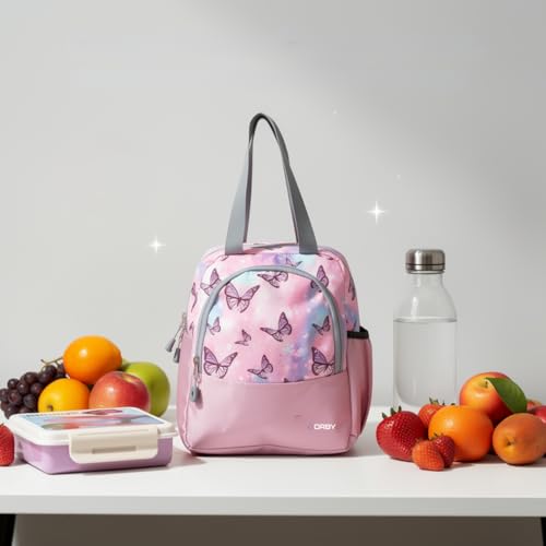 Image of ORBY Lunch Bag Butterfly Lavender | Water-Repellent Durable Fabric | Tiffin Bag with Bottle Holder & Front Pocket | Strong Zipper & Spacious Meal Storage (Butterfly Pattern, Lavender)