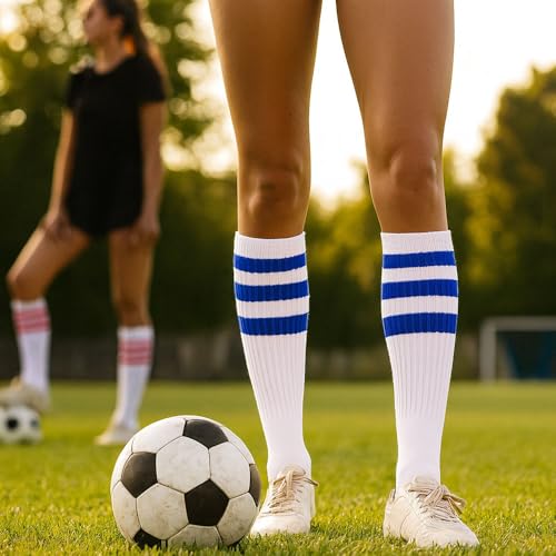 5 Pair Assorted Color Knee High Tube Socks Stripe Classic 24" Soccer Sport 10-15 Over the Calf Tube Socks Classic Triple Stripes Cotton Retro Athletic Socks for Men and Women2