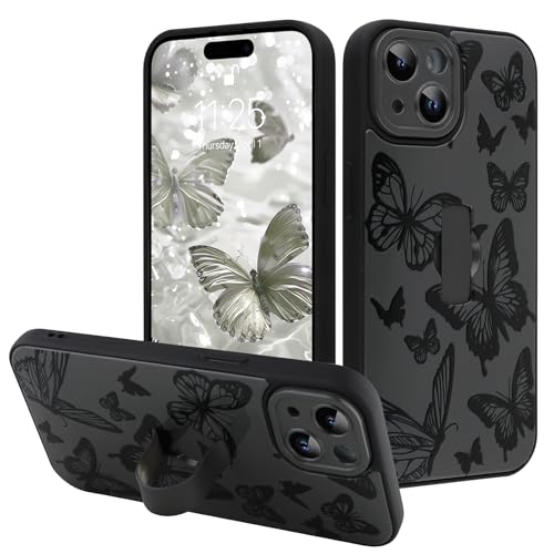 Image of for iPhone 15 Case with Finger Strap Holder, Cute Cool Butterfly Print Pattern Design for Women Men, Shockproof Anti Scratch Hand Kickstand Protective Cover, Gray
