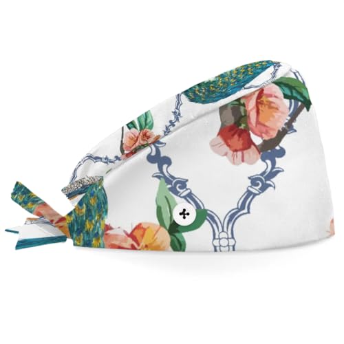 Mularoka Peacocks Flowers Working Caps with Button Sweatband Comfortable Adjustable Bouffant Hats Work Hat for Women Men