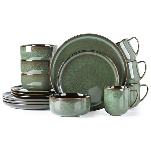 Image of LERATIO Ceramic Dinnerware Sets for 4,16-PieceReactive Glaze Plates and Bowls Set with Mugs,Highly Chip and Crack Resistant | Dishwasher,Microwave & Oven Safe Dishes set-Green