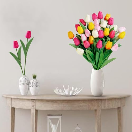 Image of Sggvecsy 30 Pcs Fake Tulips Artificial Flowers Real Touch PU Faux Flowers Tulip Stems for Wedding Spring Bouquet Floral Arrangement Home Office Party Decorations for Mother's Day (Multi Colors)