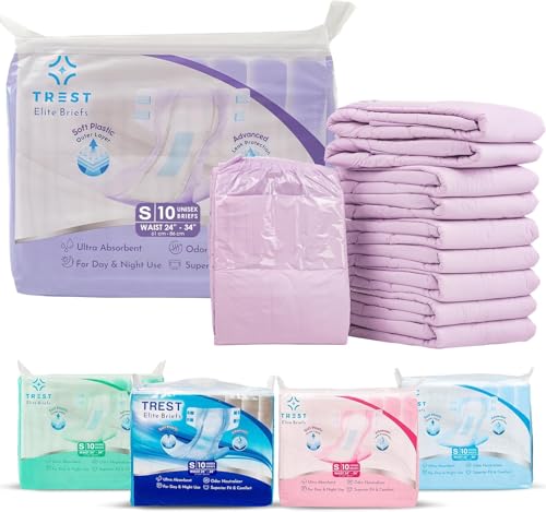 TREST Elite Briefs for Men and Women, Overnight Diapers for Incontinence, Elite Absorbency, Comfortable, Odor Neutralizing and Secure Fit with 2 Wide Tabs - Purple, Small (Pack of 10)