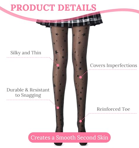 Star Tights for Women, Black Pattern Tights, Decorative Tights, Durable & Resistant to Snagging Patterned Pantyhose, Smooth Black Stockings with Design, Black2