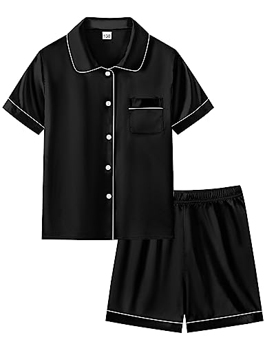 SWOMOG Unisex Kids Silk Satin Pajamas Sets Girls Boys Pjs Set Button-Down Sleepwear Short Sleeve Nightwear 2 Piece