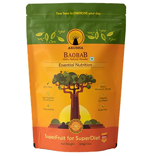 Arusha Baobab Powder 340gm | 34 servings | Superfood | Only 1 Ingredient | 100% Natural | No Preservatives | Best for the Gut Health | 50% Dietary Fiber | More Antioxidants than Blueberries | Rich in Vitamin C, B | Source of Potassium, Magnesium, Iron, Calcium | Vegan | Bioavailable