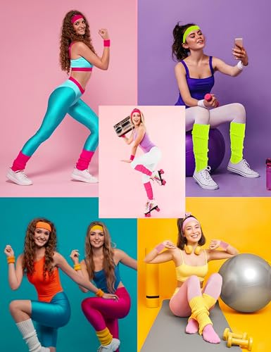 Image of v28 Neon Leg Warmers Set for women Headband Sweatbands Wristbands 80s 90s Pink Running Fanny 80's Plus Size Costumes Pack