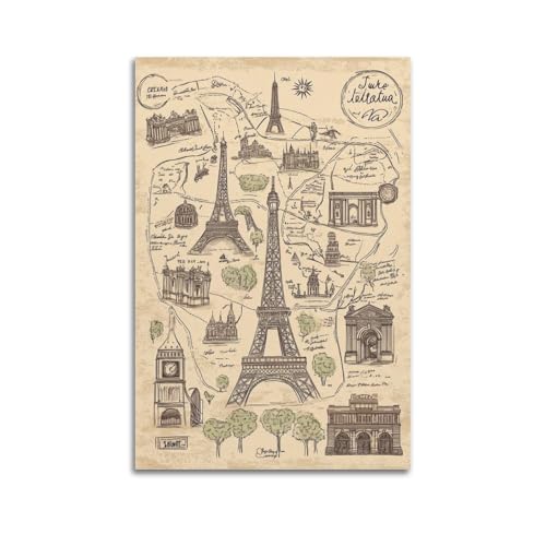 XHBKJA Poster su tela con mappa di Parigi disegnata a mano in stile vintage con icone del punto di riferimento, decorazione artistica da parete minimalista e moderna, da appendere, 40 x 60 cm