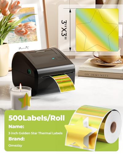 Image of 500 Sheets 3 Inch Golden Star Holographic Thermal Labels, Waterproof Self-Adhesive Direct Thermal Printer Labels for Name Tag, DIY, QR Code, Compatible with MUNBYN,JADENS, ect Printer
