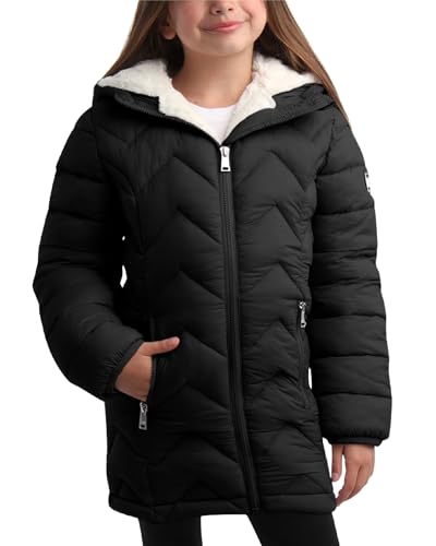 DKNY Girls Puffer Jacket - Full Sherpa Lined Glacier Shield Mid Length Quilted Puffer Jacket Kids Insulated Winter Coat, Size 10-12, Solid Black