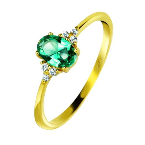 Michooyel 18K Gold Plated Dainty Emerald Rings Oval Cut Sterling Silver Statement Rings Cute Rings for Women