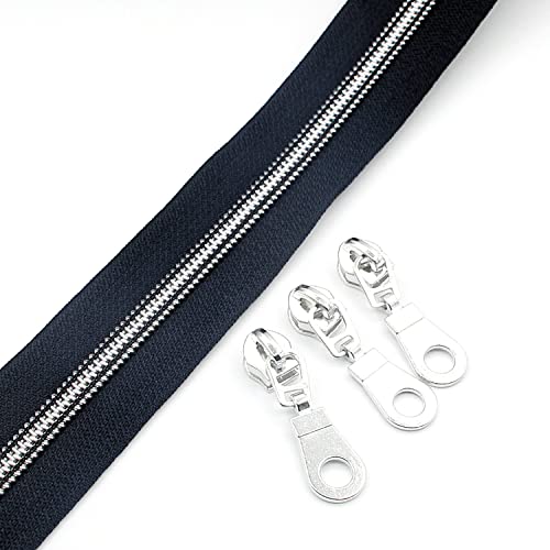 Image of Leekayer #5 Silver Metallic Nylon Coil Zippers by The Yard Bulk 10 Yards Zipper Tape with 25pcs Silver Sliders for DIY Sewing Tailor Craft Bag (Navy Black)