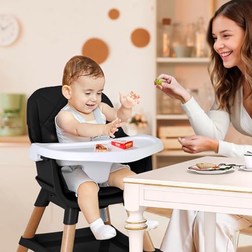 7 in 1 Baby High Chair for Babies and Toddlers with Large Storage Footrest, Booster Seat, Convertible Wooden High Chair with 3-Tier Removable Dishwasher Safe Tray, 5 Point Harness, Black