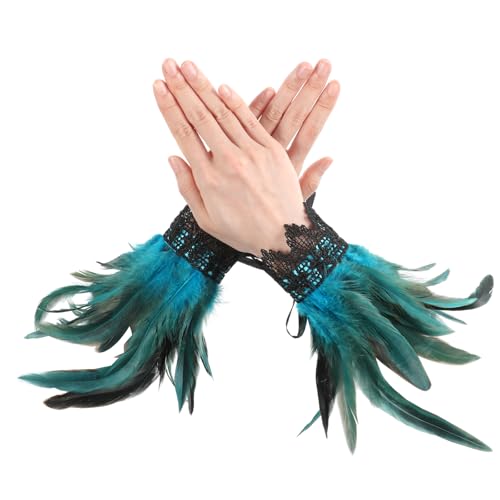 WLLHYF Schwarze Spitzenhandschuhe mit Federn, Hexenengel-Kostüm, Gothic-Mesh-Armband, Manschette, Hochzeitsaccessoire für Frauen, Halloween,...