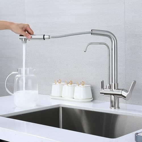 3 Wege Wasserhahn Küche Mit Brause, Küchenarmatur Mit Brause Ausziehbar 3 Wege Wasserhahn,360° Drehbar Küchenarmatur, Drei Wege Mischbatterie Für Wasserfilter (Gebürstet)