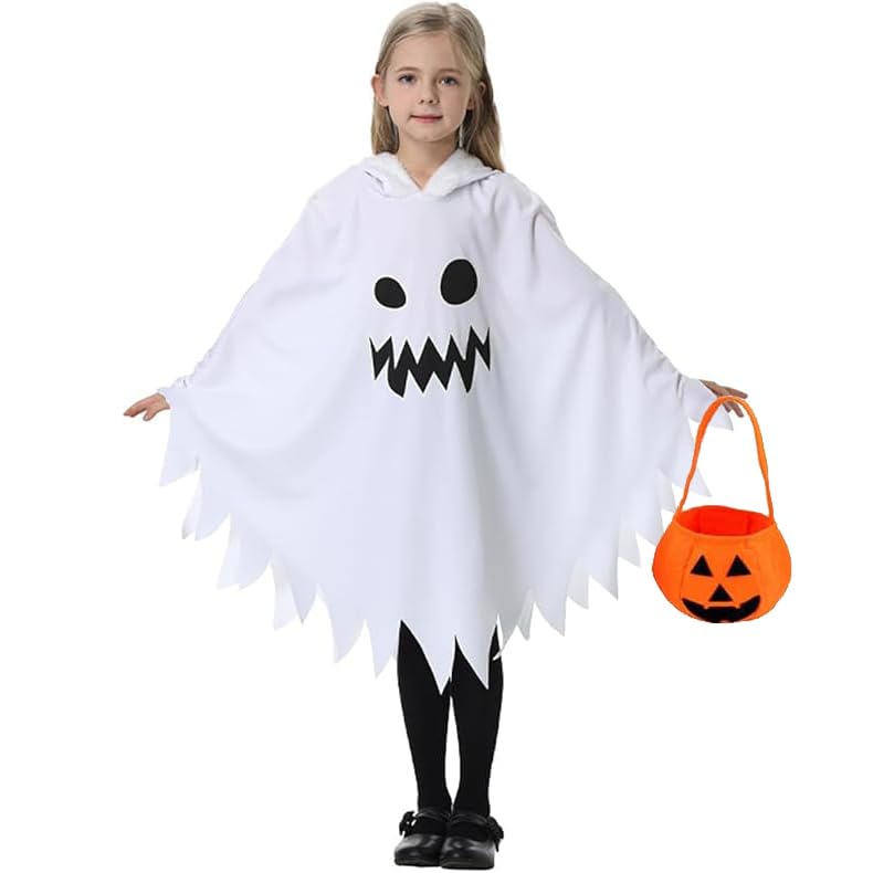 Ricjurzzty Halloween Ghost Costume, Glow in the Dark Ghost Cloak Halloween Spooky Trick-or-Treating with Pumpkin Bucket for Boys and Girls White