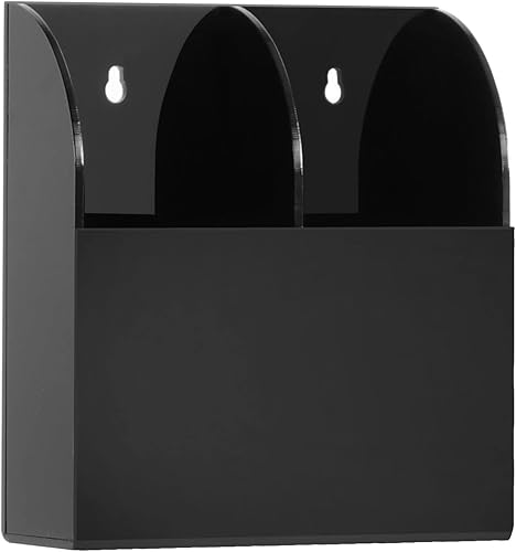 Yeeco Soporte de pared acrílico para control remoto, 2 compartimentos, soporte de pared negro para bolígrafo, soporte de pared de 5.3 x 1.6 x 5.6