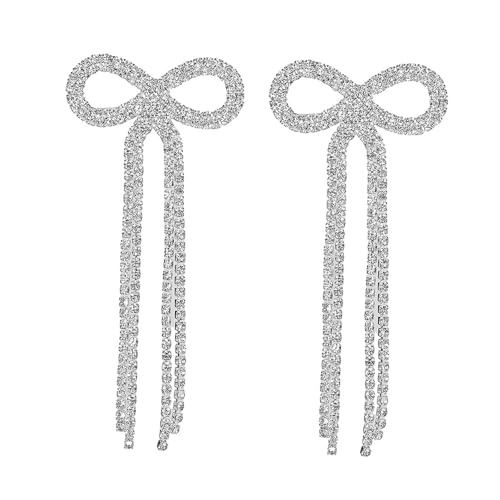 Women Bridal Silver Bow Rhinestone Earrings Dangling for Women Chandelier Statement Tassel Earrings Sparkly Drop Crystal Earrings Halloween Long Dangle Earrings2