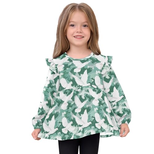 White Dove Green Camouflage Girls Shirts Cotton Long Sleeve Ruffle Toddler Tee Tops3
