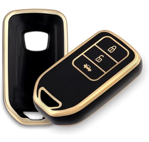 Image of TPU Car Key Cover Black & Golden Compatible for Honda City, Amaze, WR-V, Jazz, Civic, BR-V, CR-V (Honda, 3 Button Push Smart Key)