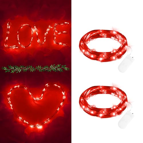 Mini Lichterkette Mit Batterie für Valentinstag, 200 Stück Seide Rosenblätter, 2M 20 LED Wasserdicht Innen Außen, Hochzeit, Zimmer, Home Deko, Rot, 2 Stück