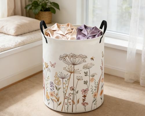 Image of ESSME Kids Laundry Basket,Flower Hamper Collapsible Canvas Waterproof Storage Bin for Girls, Cute Hamper,Gift Baskets(Flower cluster)