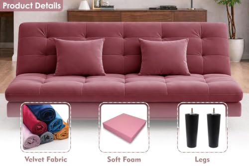 Image of Rosebell Modern Wooden 3-Seater Sofa Cum Bed Foldable Velevt Fabric Sofa for Living Room, Guest Room & Office-Rose Pink-Color